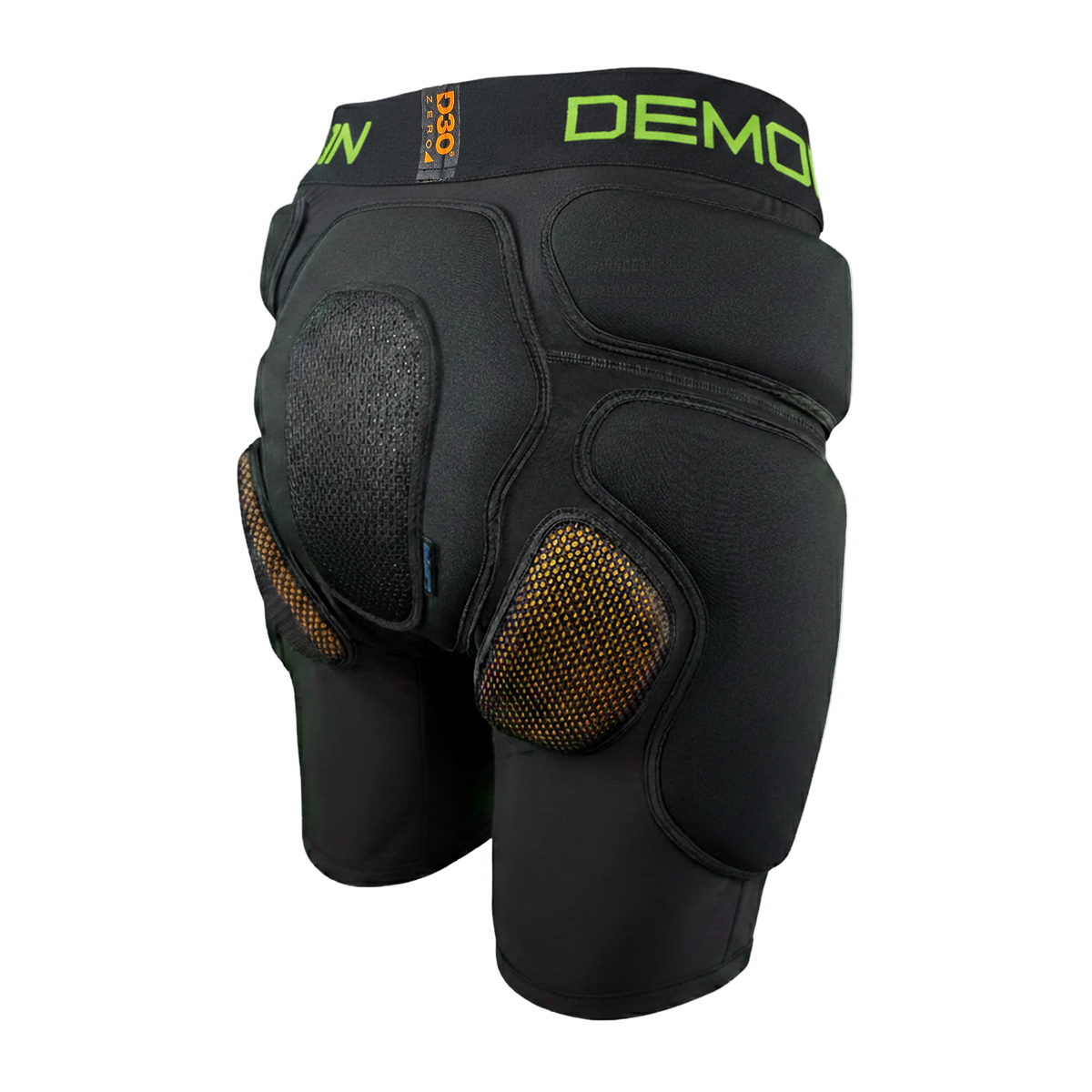 Demon Zero PLUS RF D3O unisex padded snowboard shorts with ESPRO tailbone shield, on a white background