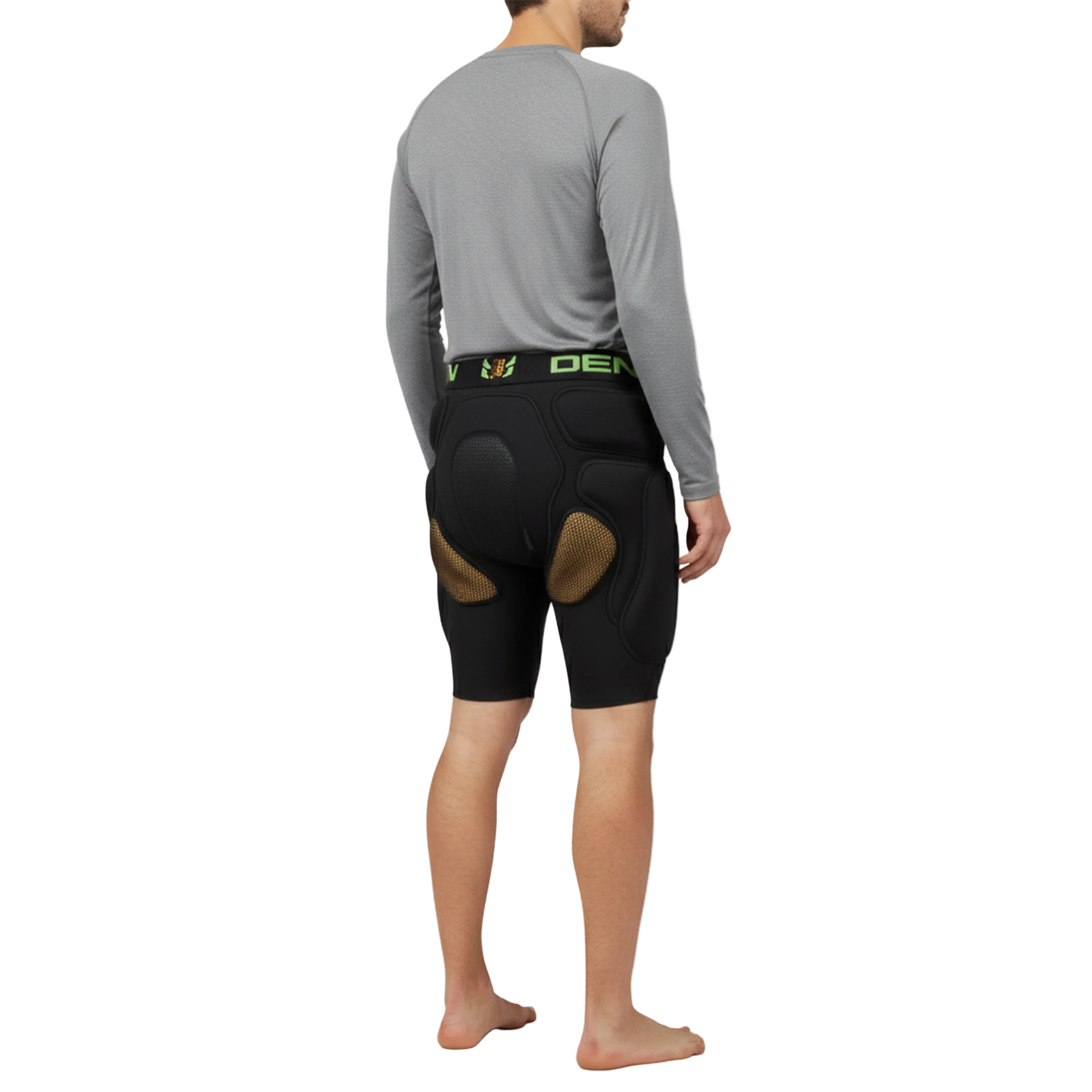 Person wearing black compression shorts with a visible brand logo on a white background