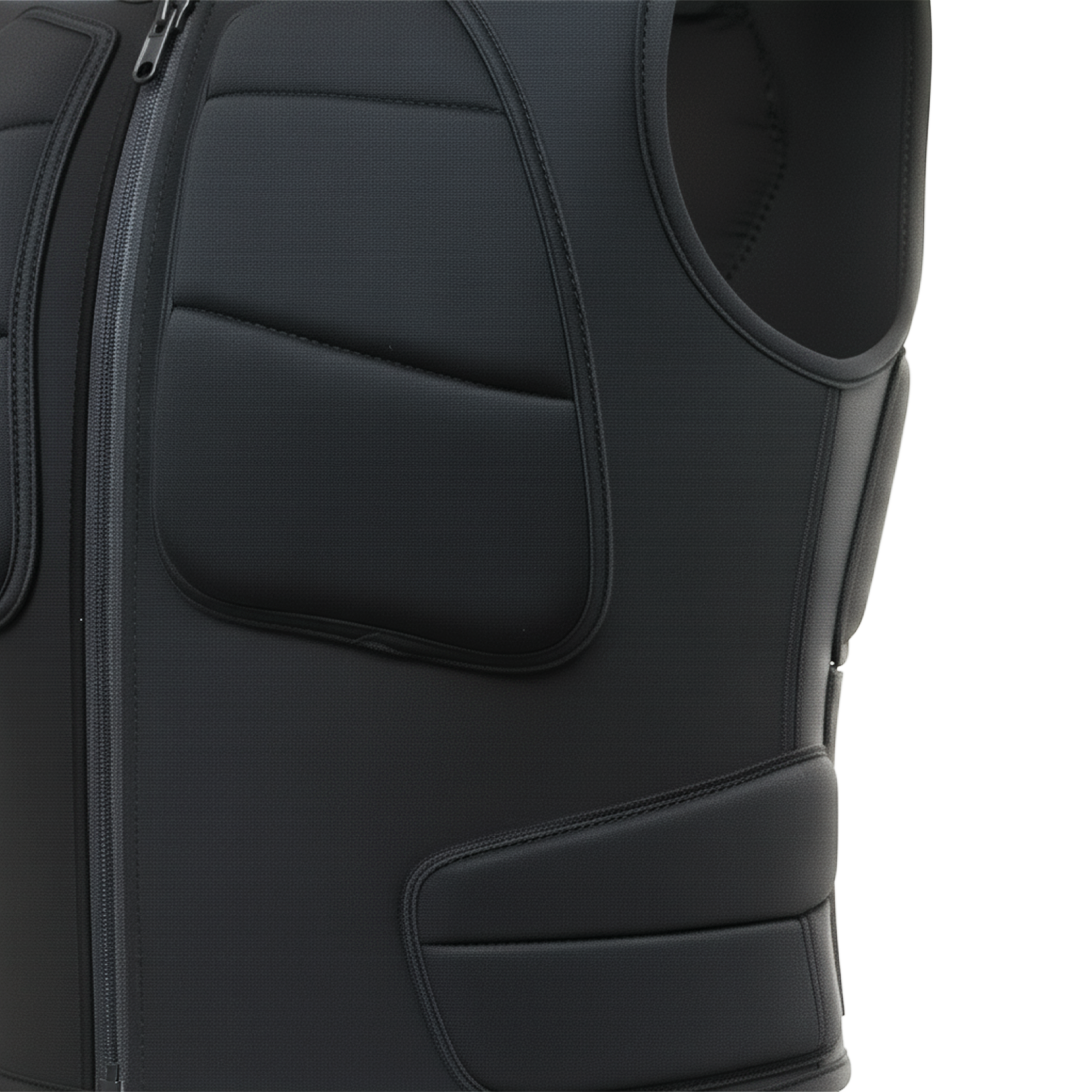 Black protective vest with padding on a white background