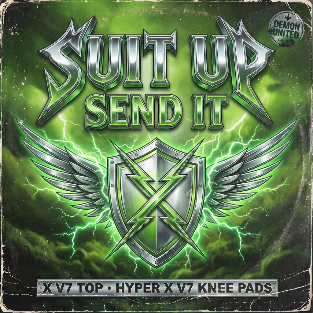 Suit Up & Send It promo art — Demon United X V7 D3O top and Hyper X V7 knee pad bundle