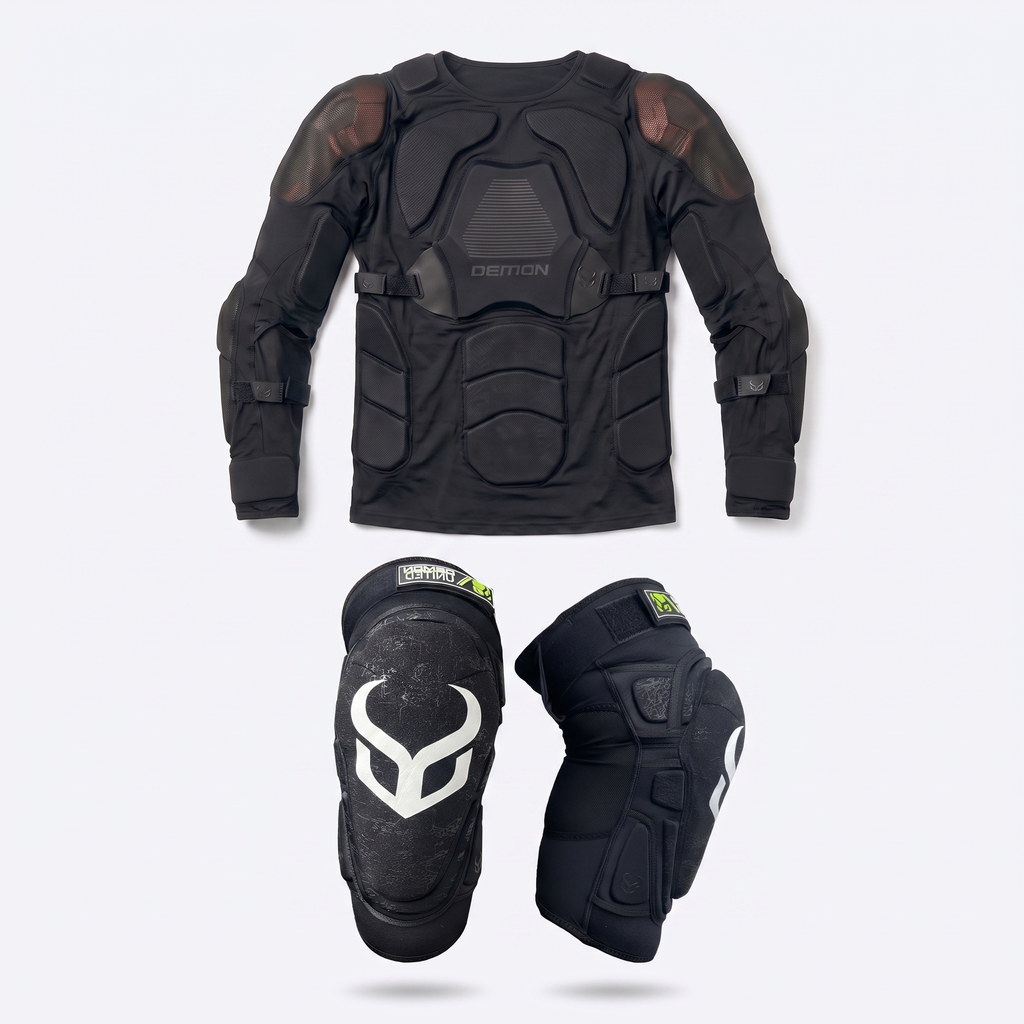 Demon United Suit Up & Send It bundle — X V7 D3O impact top with Hyper X V7 D3O knee pads on white