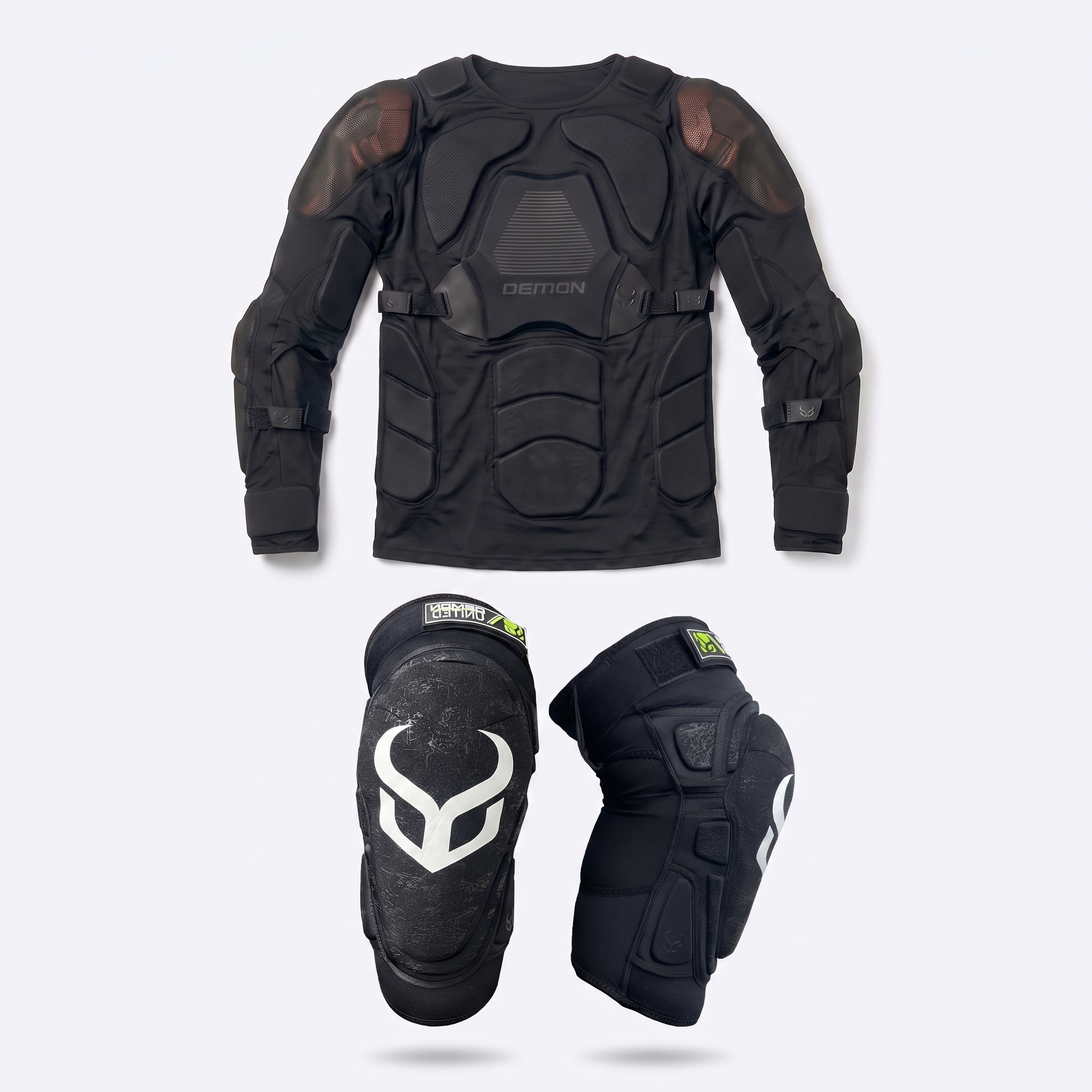 Demon United Suit Up & Send It bundle — X V7 D3O impact top with Hyper X V7 D3O knee pads on white