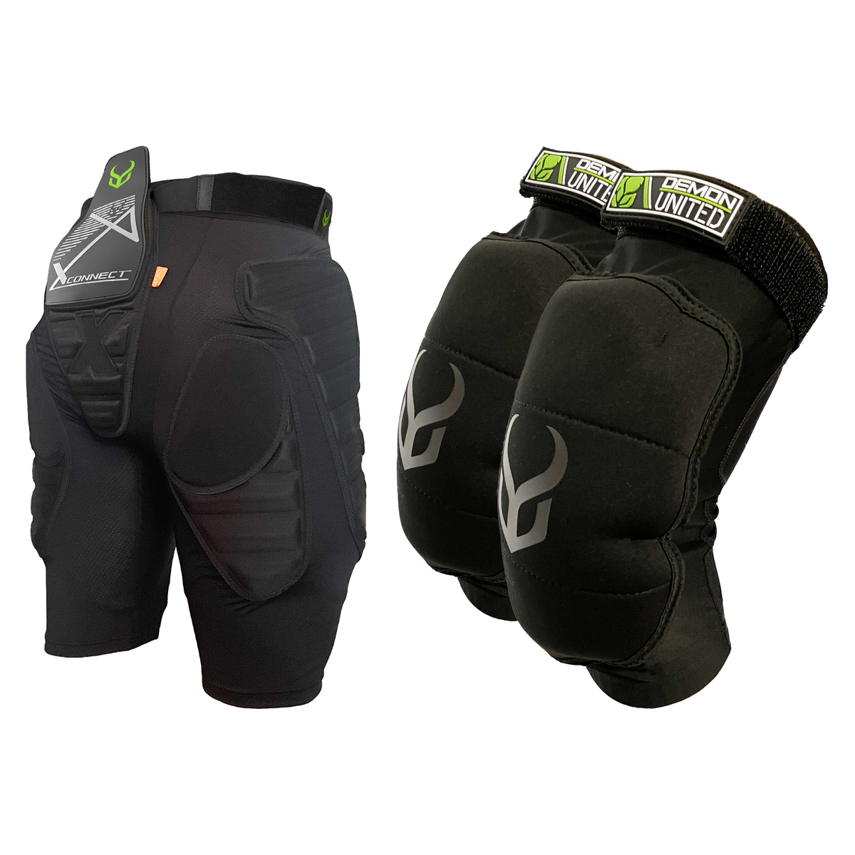 Demon Crossover Kit — X V7 D3O impact shorts and Zero RF D3O knee pads shown together on white