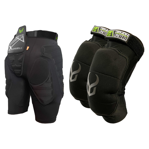 Demon Crossover Kit — X V7 D3O impact shorts and Zero RF D3O knee pads shown together on white
