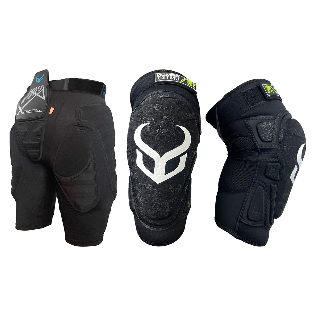 Demon Hard Landing Kit Women's — women's X V7 D3O impact shorts and Hyper X V7 Kevlar knee pads on white
