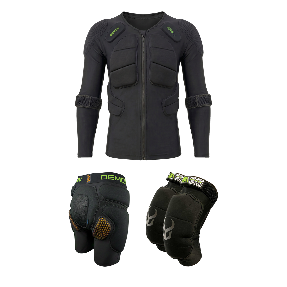 Demon Zero PLUS Full Metal Loadout — padded top, padded shorts and Zero D3O knee pads on white