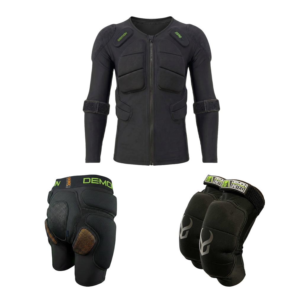 Demon Zero PLUS Full Metal Loadout — padded top, padded shorts and Zero D3O knee pads snowboard bundle on white