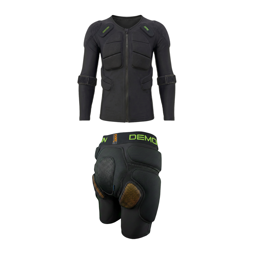 Demon Zero PLUS Maximum Overdrive Kit — padded top and padded shorts snowboard bundle on white