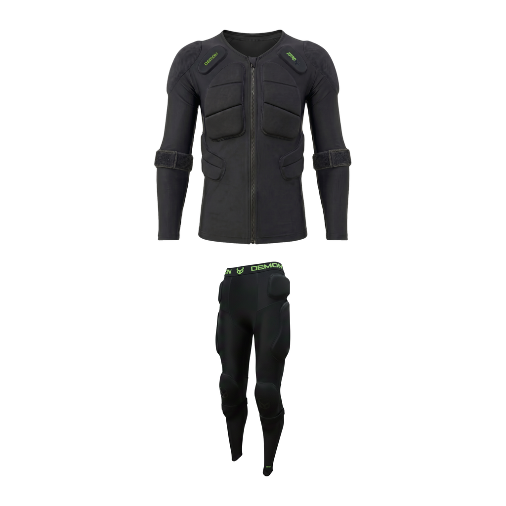 Demon Zero PLUS Whiteout Loadout — padded top and padded pants snowboard bundle on white