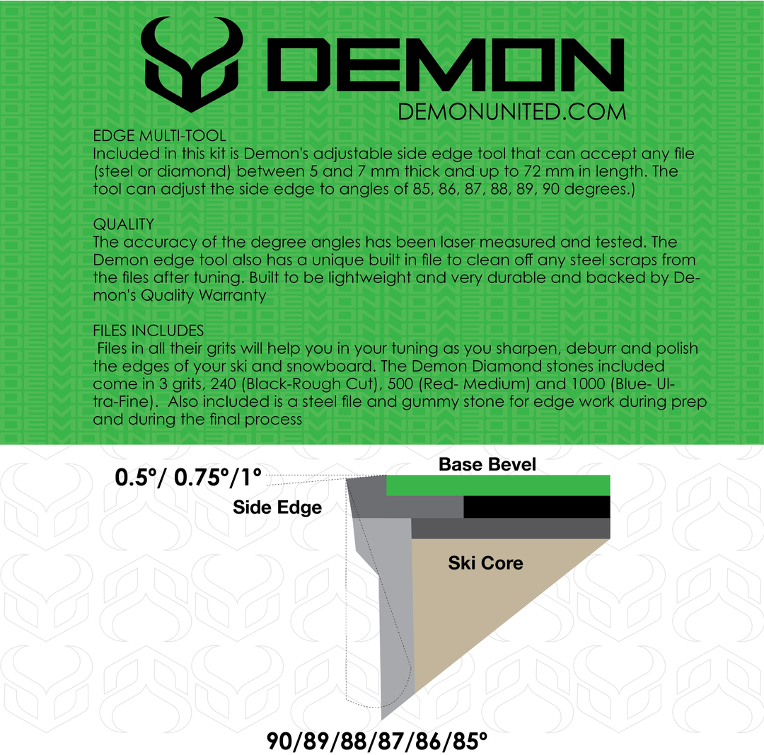 Demon Elite X Ski and Snowboard Edge Tuner Care Kit- Includes Side Edge Multi-Tool, 3 Diamond Stones, Steel File and Gummy Stone