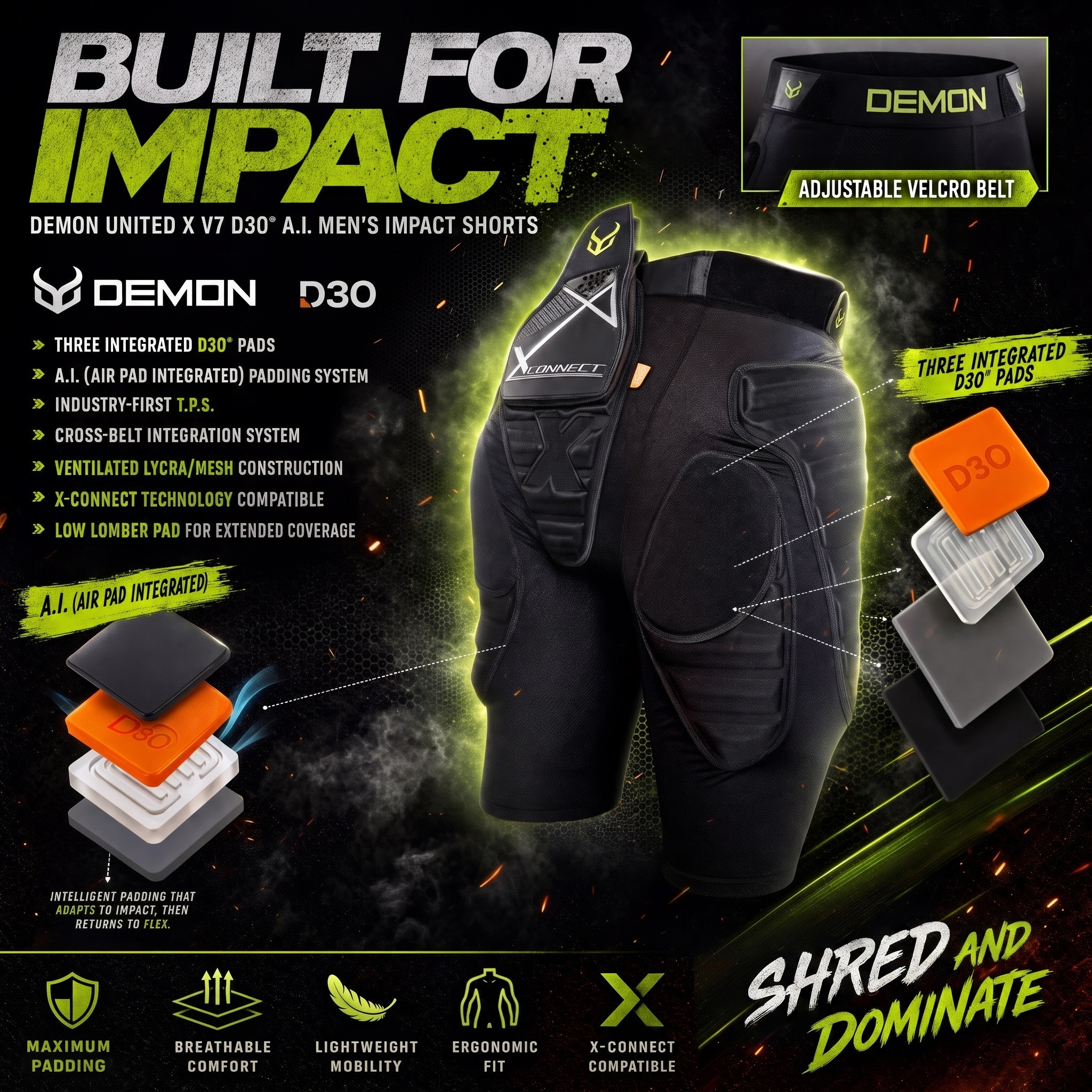 Demon United X V7 D3O A.I. Impact Shorts - Built for Impact features
