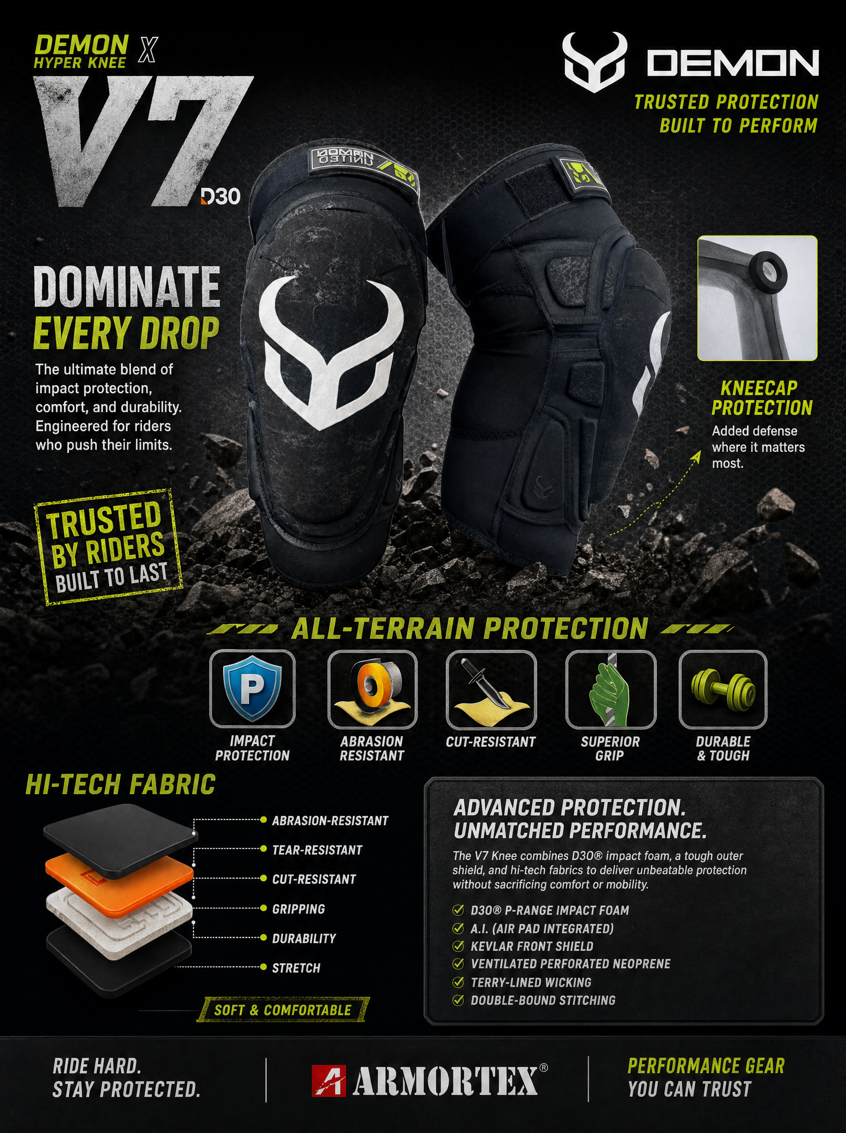 Demon United Hyper X V7 knee pad — D3O® T6 impact padding and Armortex® Hi-Tech Fabric shield for snowboard and MTB knee protection