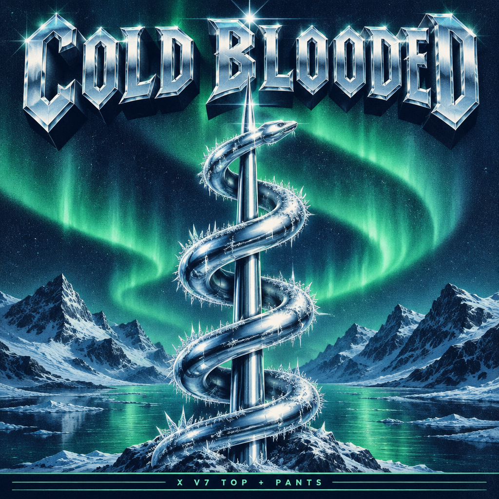 Cold Blooded Loadout album-style cover art — chrome serpent coiled around a lightning rod under an aurora