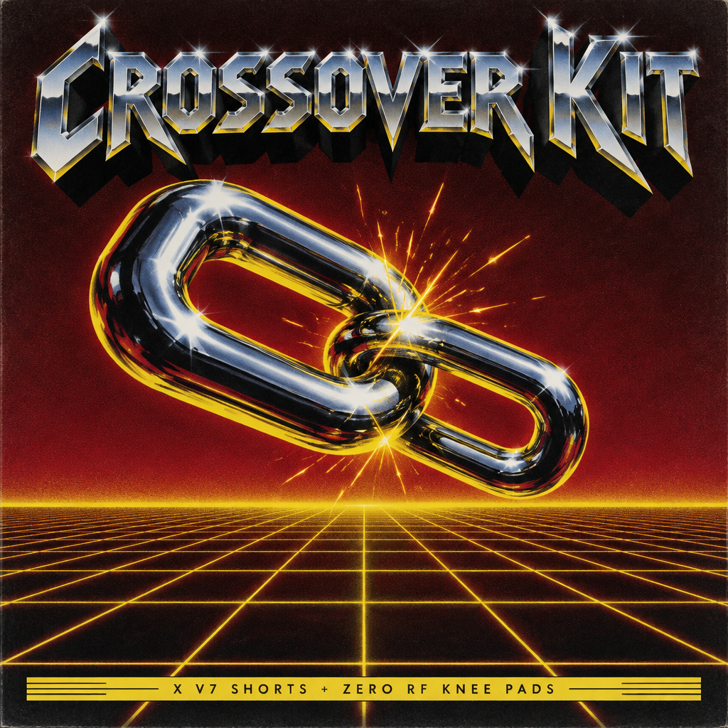 Crossover Kit album-style cover art — two interlocked chrome chain links over a neon grid in yellow and oxblood