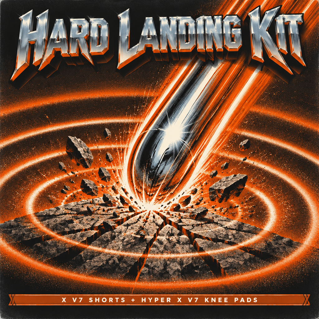 Hard Landing Kit album-style cover art — chrome meteor striking cracked stone in orange and charcoal