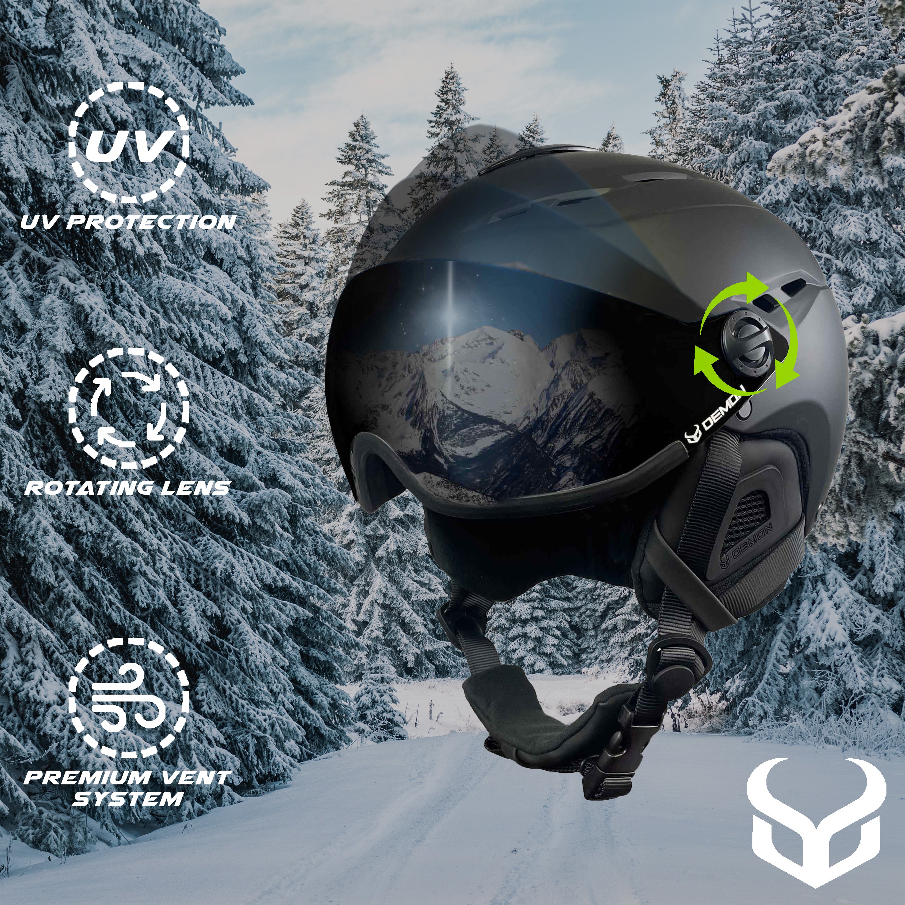 Ski Helmet with Integrated Visor – Demon Team Snow Helmet SM/MD