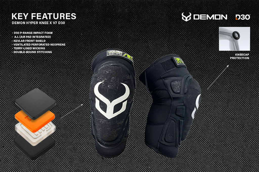 Demon Hyper Knee X V7 D30 knee pads with key features highlighted on a black background.