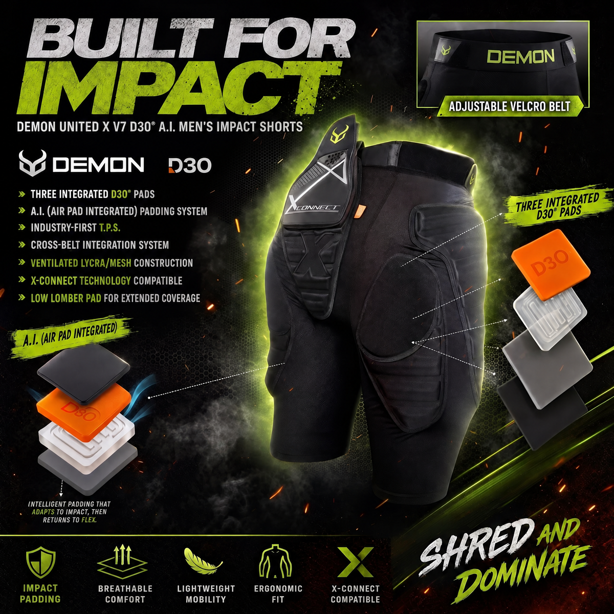 Demon United X V7 D3O A.I. Impact Shorts - Built for Impact features
