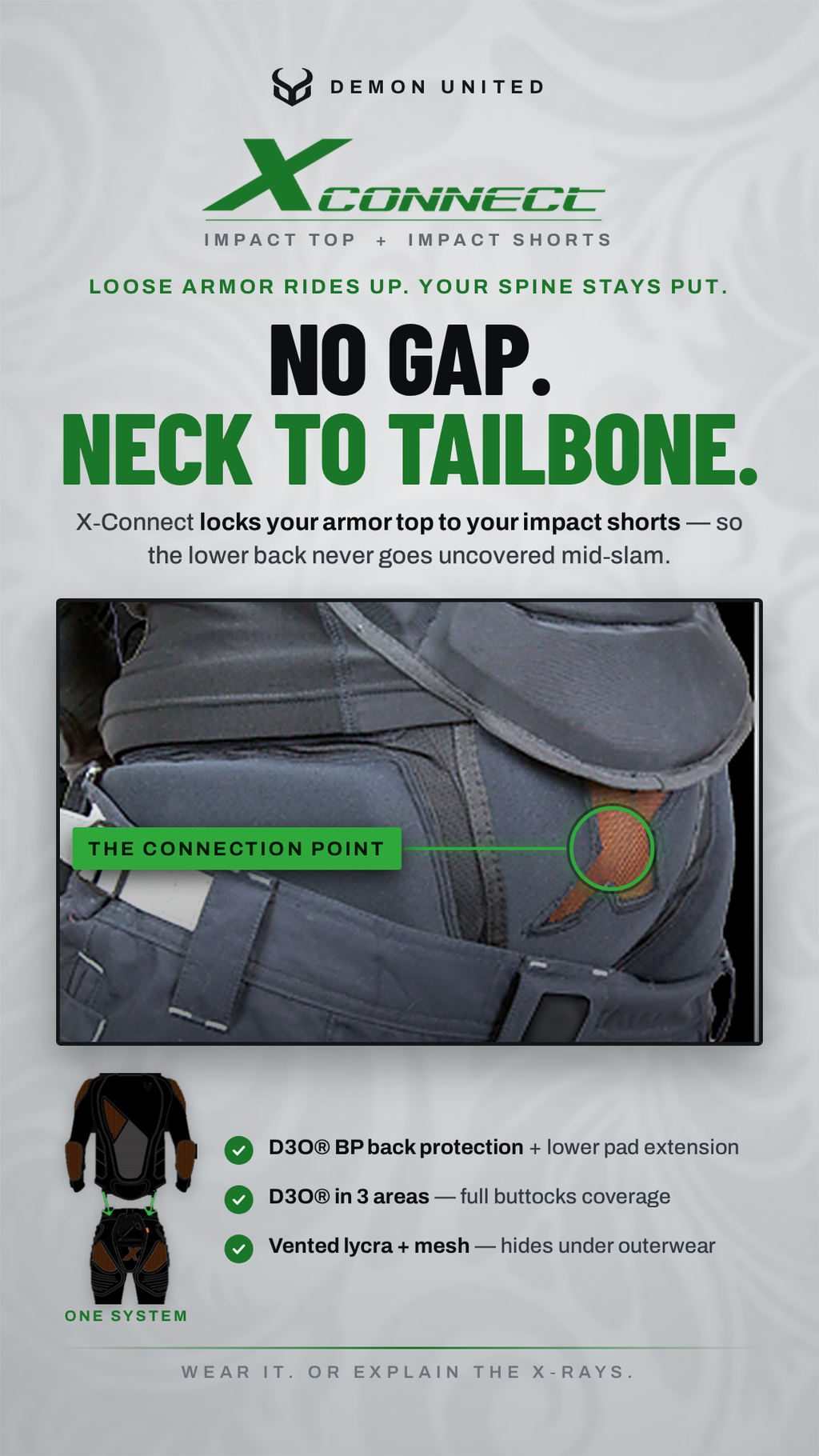 A promotional infographic for the X-Connect Impact Top by Demon United, showing a close-up of a dark gray impact armor plate on a backpack, with text explaining how it prevents neck-to-tailbone injury and listing product features.