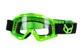 A pair of Demon Viper goggles with black frame and green straps, featuring anti-fog lenses and adjustable straps.