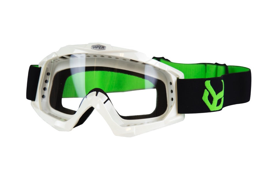 A pair of Demon Viper goggles with black frame and green straps, featuring anti-fog lenses and adjustable straps.