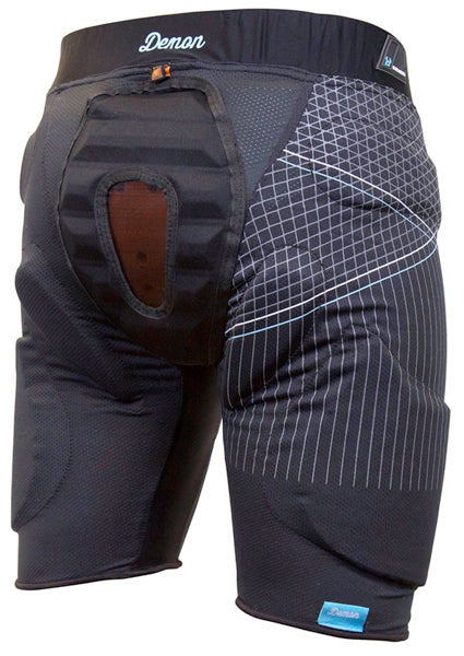 Back view of black impact shorts featuring a tailbone shield, alongside integrated hip and thigh padding for comprehensive lower-body protection