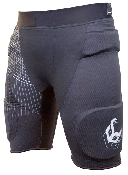 A front view of a pair of black Demon FlexForce X D3O protective shorts with padding in the tailbone and soft padding in the hips and thighs with light blue and white designs.