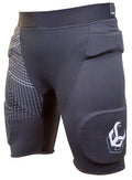 A front view of a pair of black Demon FlexForce X D3O protective shorts with padding in the tailbone and soft padding in the hips and thighs with light blue and white designs.