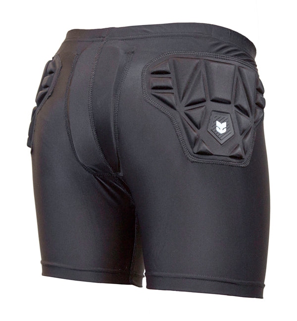 Back of Women's black compression shorts with protective padding on the back, designed for snowboarding and other winter sports.