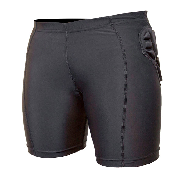 Front of Women's black compression shorts with protective padding on the back, designed for snowboarding and other winter sports.