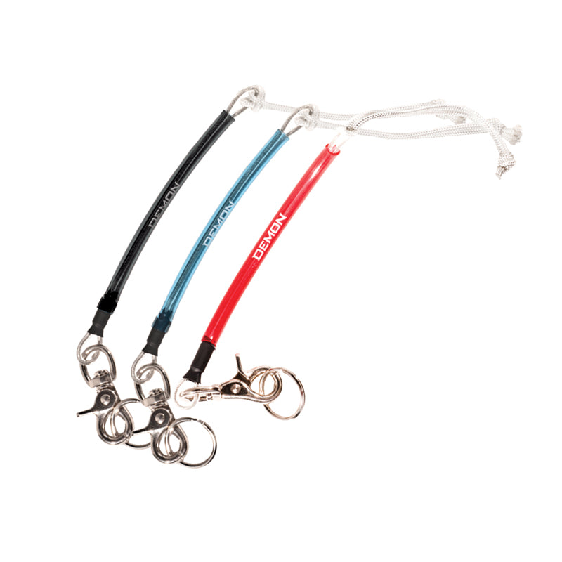 A set of three Demon Profile Leashes, with rubber-coated steel cables in black, blue, and red colors, featuring easy on/off buckles.