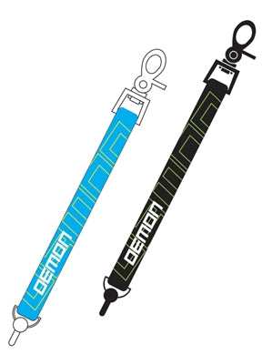 A blue and black snowboard leash with a graphic design and an easy on, easy off buckle.