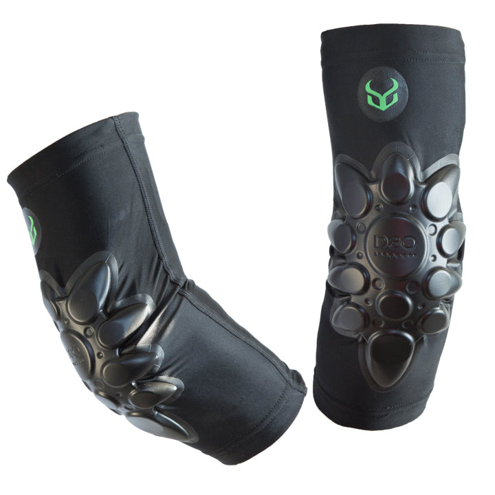 Side and front view of a pair of black elbow pads featuring articulated D30 impact-resistant shell with a lime green Demon logo