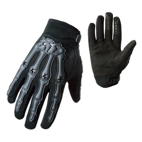 A pair of MTB gloves featuring a padded palm, knuckle detailing, and a wrist strap. The gloves are black with a gray skeleton design.