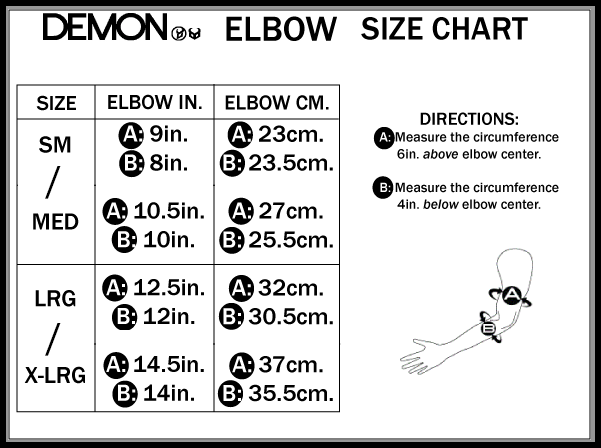 Demon elbow size chart with measurements above and below the elbow
