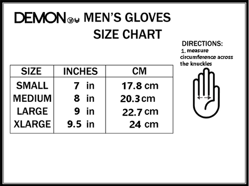DEMON men's glove size chart with measurements across the knuckles