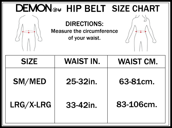 Hip belt size chart with waist measurements in inches and centimeters