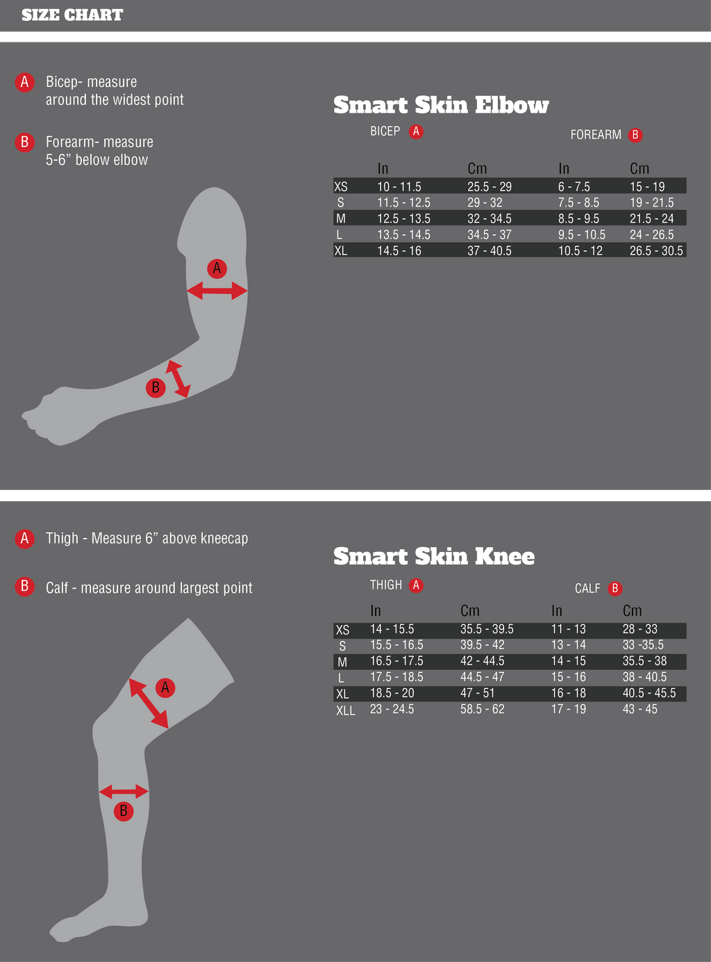 Elbow and knee size chart with measurements on the bicep, forearm, thigh, and calf.