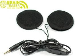 Two black circular speakers with wires and a 3.5mm audio jack.