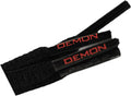 A pair of black nylon boot laces with the brand name 'Demon' written in red lettering.