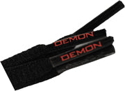 A pair of black nylon boot laces with the brand name 'Demon' written in red lettering.