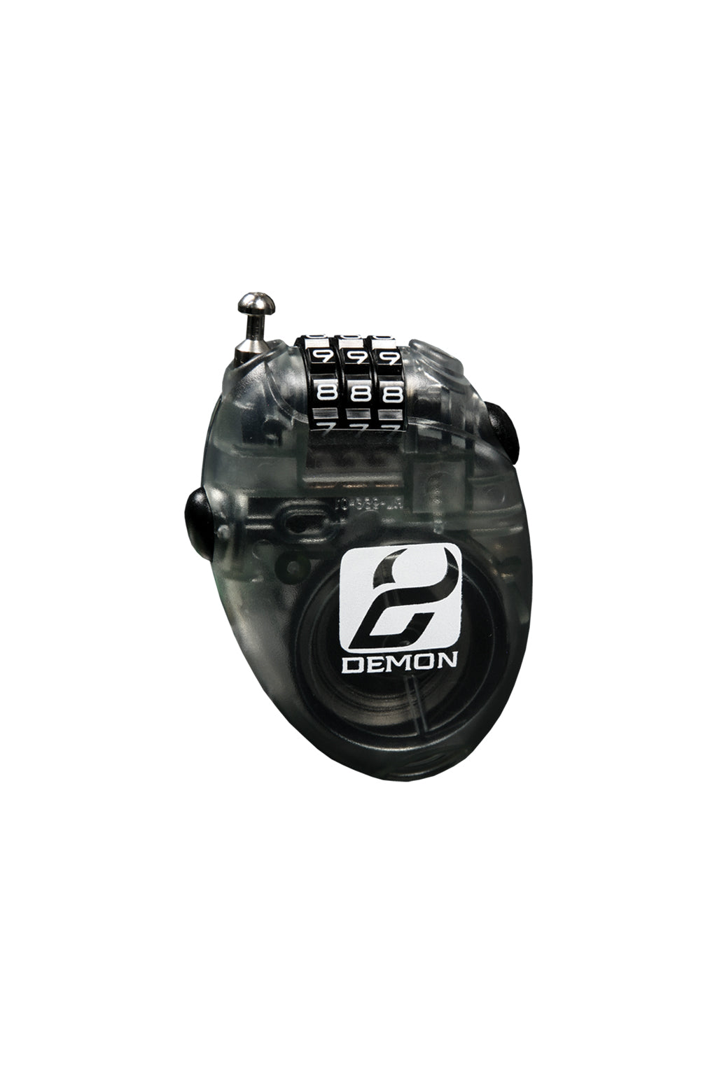 A black Demon Mini lock for snowboards, showing the combination lock keypad and the Demon logo.