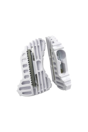 Two different edge tuners for snowboards, one with an ergonomic design and the other in a squared shape, both in white color.