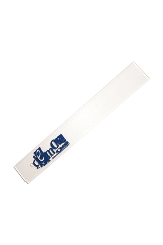 A 14-inch white acrylic wax scraper with a notched end for scraping wax off ski or snowboard edges, featuring a blue logo.
