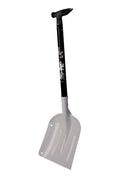 Collapsible snow shovel with an white aluminum blade and a black telescoping black shaft and T-grip handle.