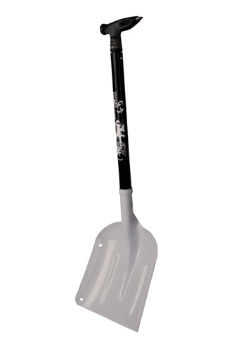 Collapsible snow shovel with an white aluminum blade and a black telescoping black shaft and T-grip handle.