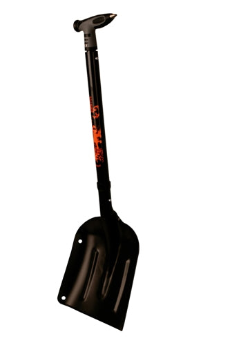 A black snow shovel with a saw in the handle and a telescoping shaft, with orange and white branding on the handle.