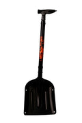 A black snow shovel with a saw in the handle and a telescoping shaft, with orange and white branding on the handle.
