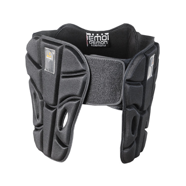 A black Demon Hip Belt X D3O designed for snowboarding and other winter sports, including padded shorts with adjustable velcro belt straps.