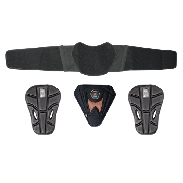 A black Demon Hip Belt X D3O parts designed for snowboarding and other winter sports, including padded shorts with adjustable belt straps.